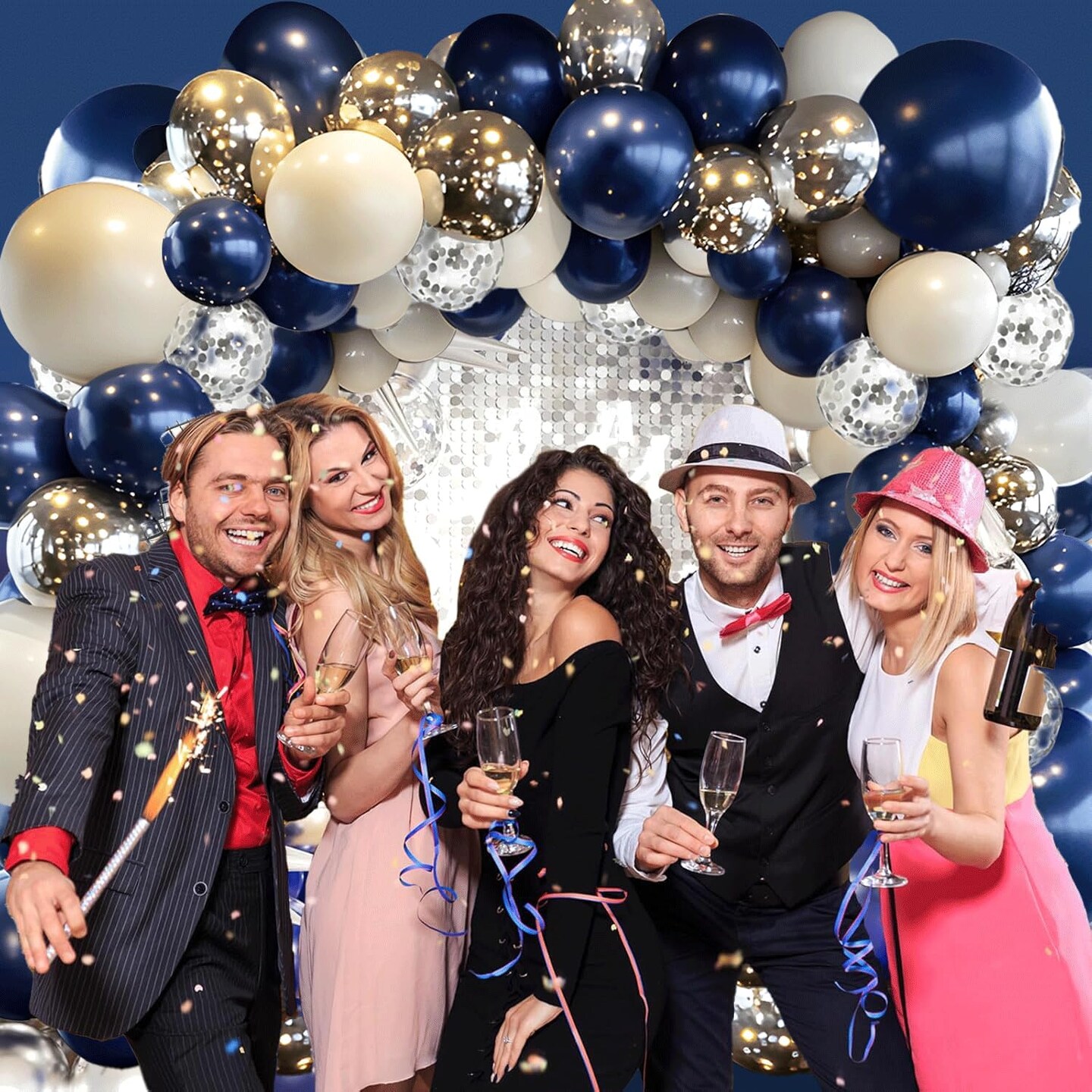 Navy Blue Silver Balloons Arch Kit, Double Stuffed Pearl White Royal Dark Blue Silver Chrome with Confetti Balloons Garland Kit for Birthday Baby Shower Wedding Graduation Father's Day Decorations