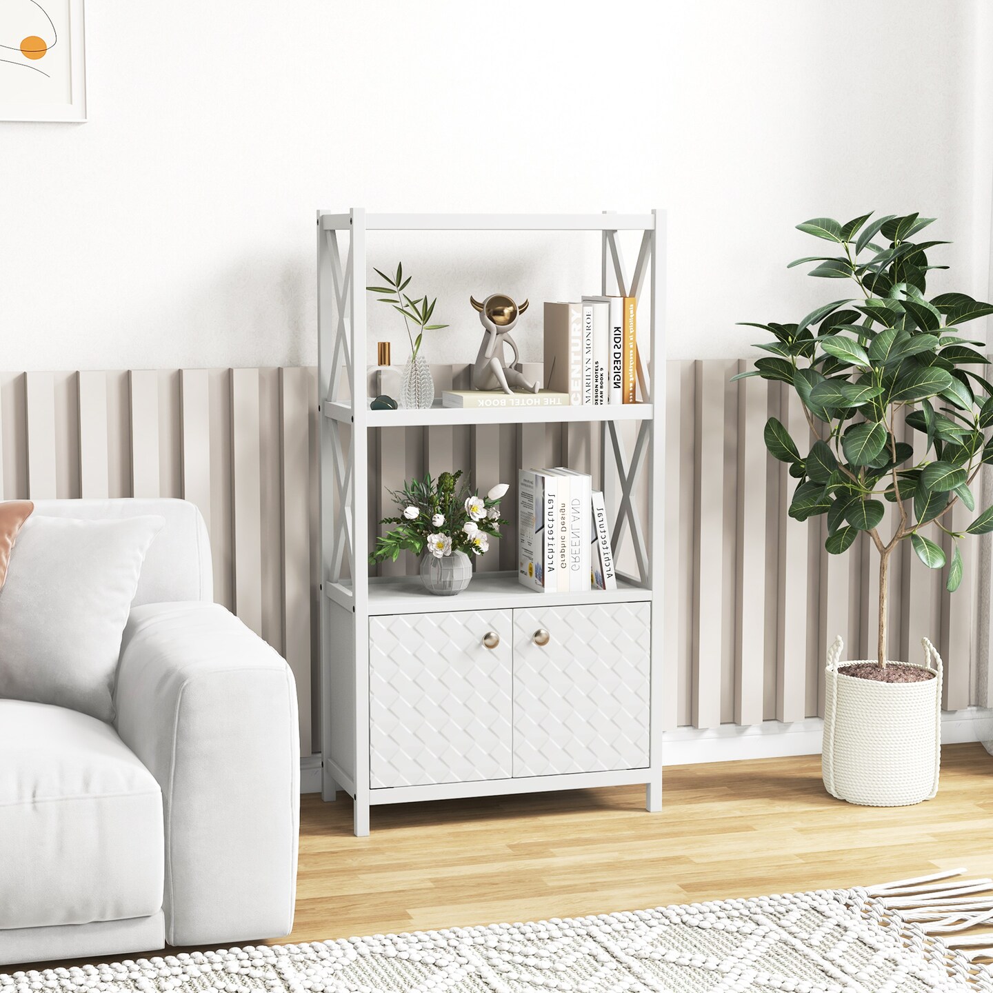 Tall Freestanding Floor Bathroom Storage Cabinet with 2-Tier Open Shelves and Magnetic Doors