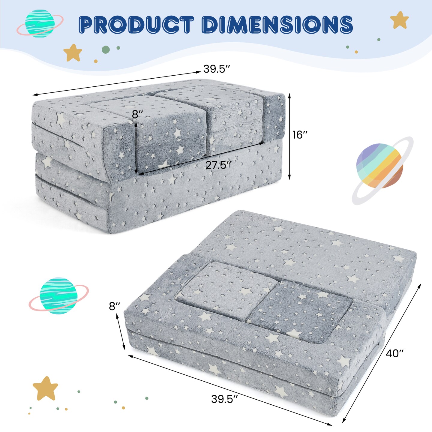 2 Seater Kids Sofa with Soft Foam, Glow in Dark Star Fabric and Modular Design