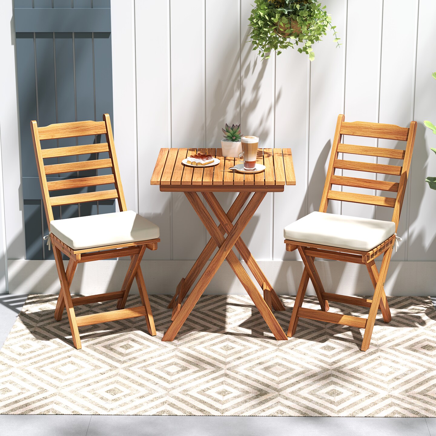 3 Pieces Patio Bistro Folding Chair Table Set with Soft Seat Cushions Ideal for Outdoor Use