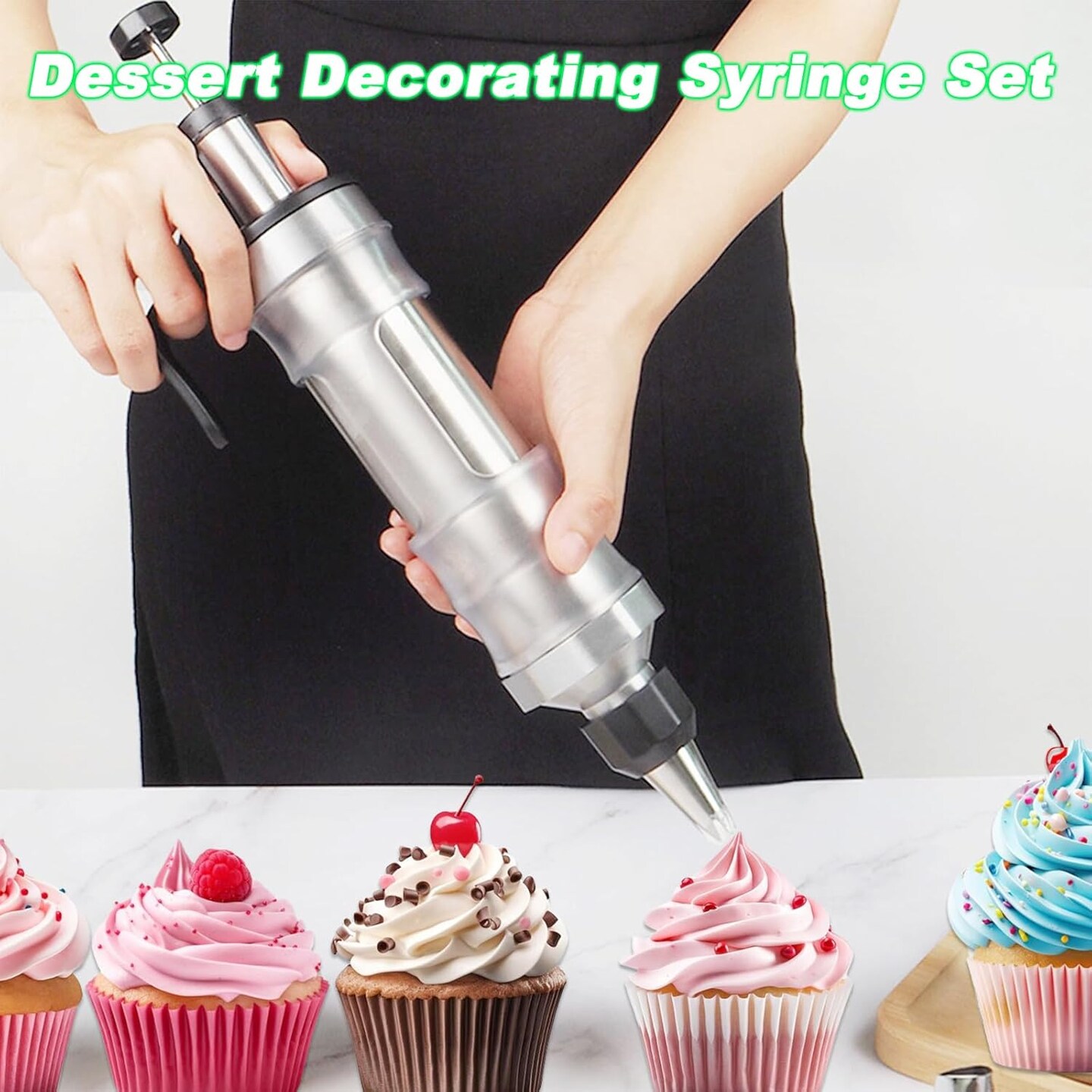 Dessert Decorating Syringe Set, Frosting Piping Kit Stainless Steels Cake Decorating Kit 6 Piping Tips Cupcake Decorating Kit Piping Bags and Tips Set