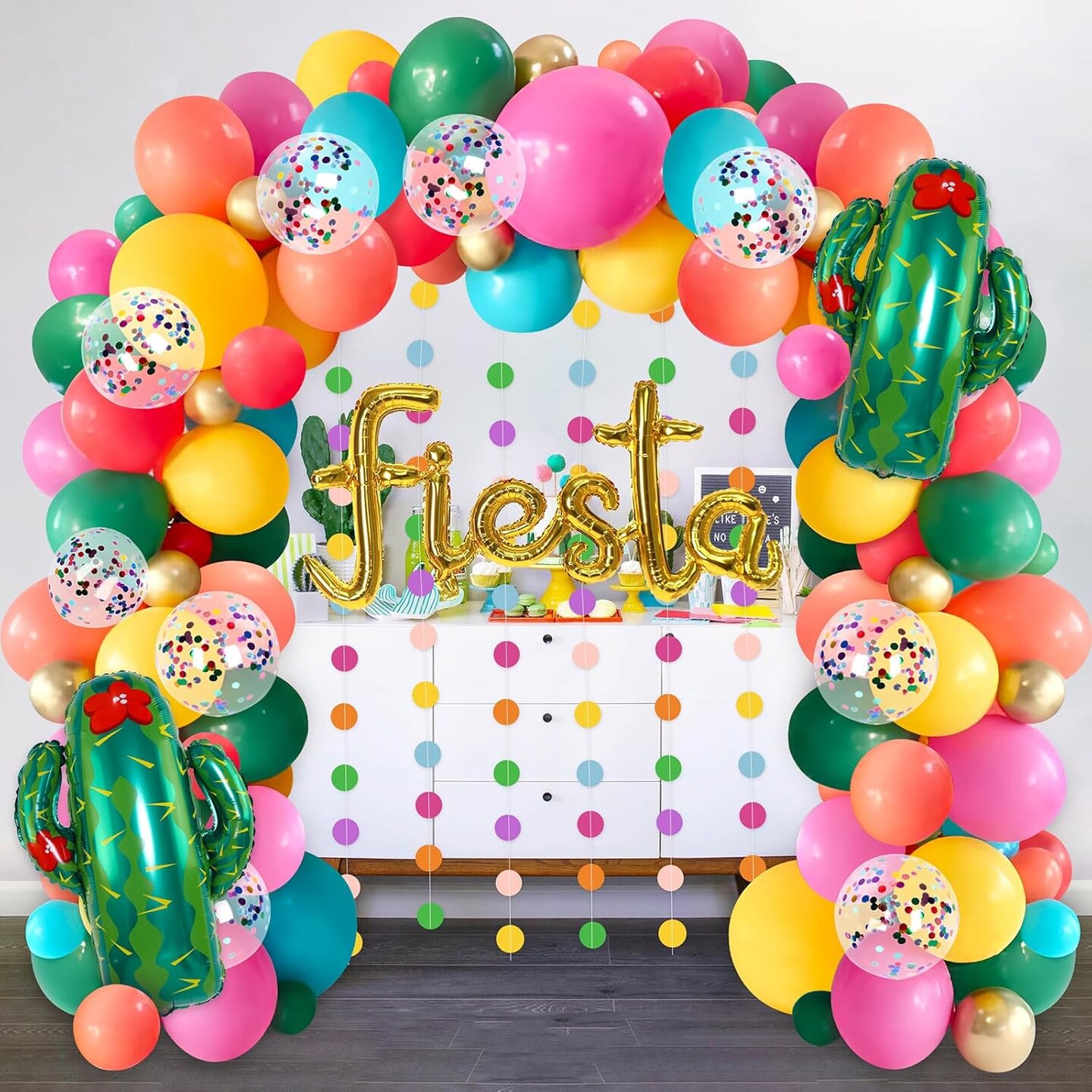 Cinco De Mayo Fiesta Party Decorations - Mexican Themed Balloons Garland Arch Kit + Circle Dot Garland for Birthday Decor Supplies (No Air Pump)