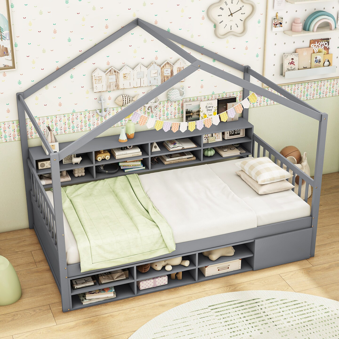 Grey House-Shaped Kids Bed with Storage Cubes, Bedside Shelf and Wooden Frame
