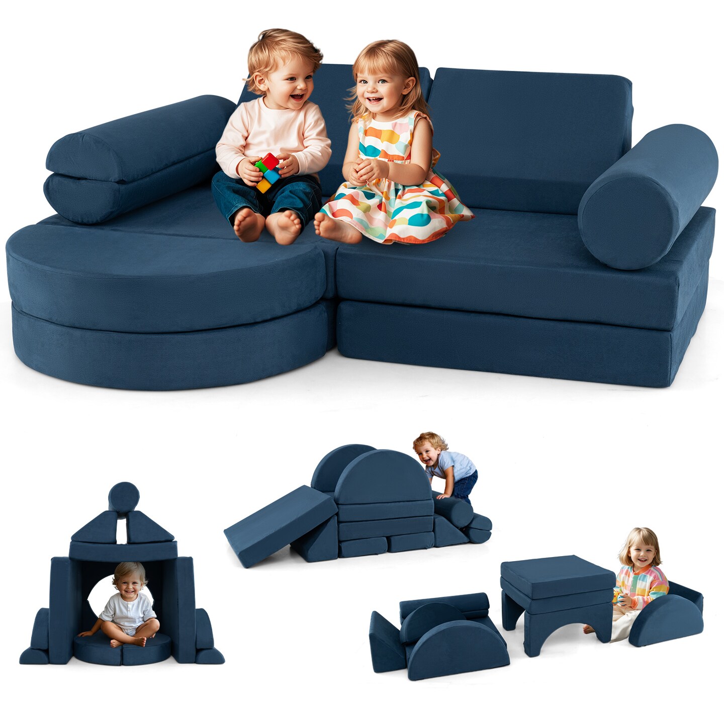 Velvet Suede 13-Piece Kids Modular Play Couch, Soft and Safe Design