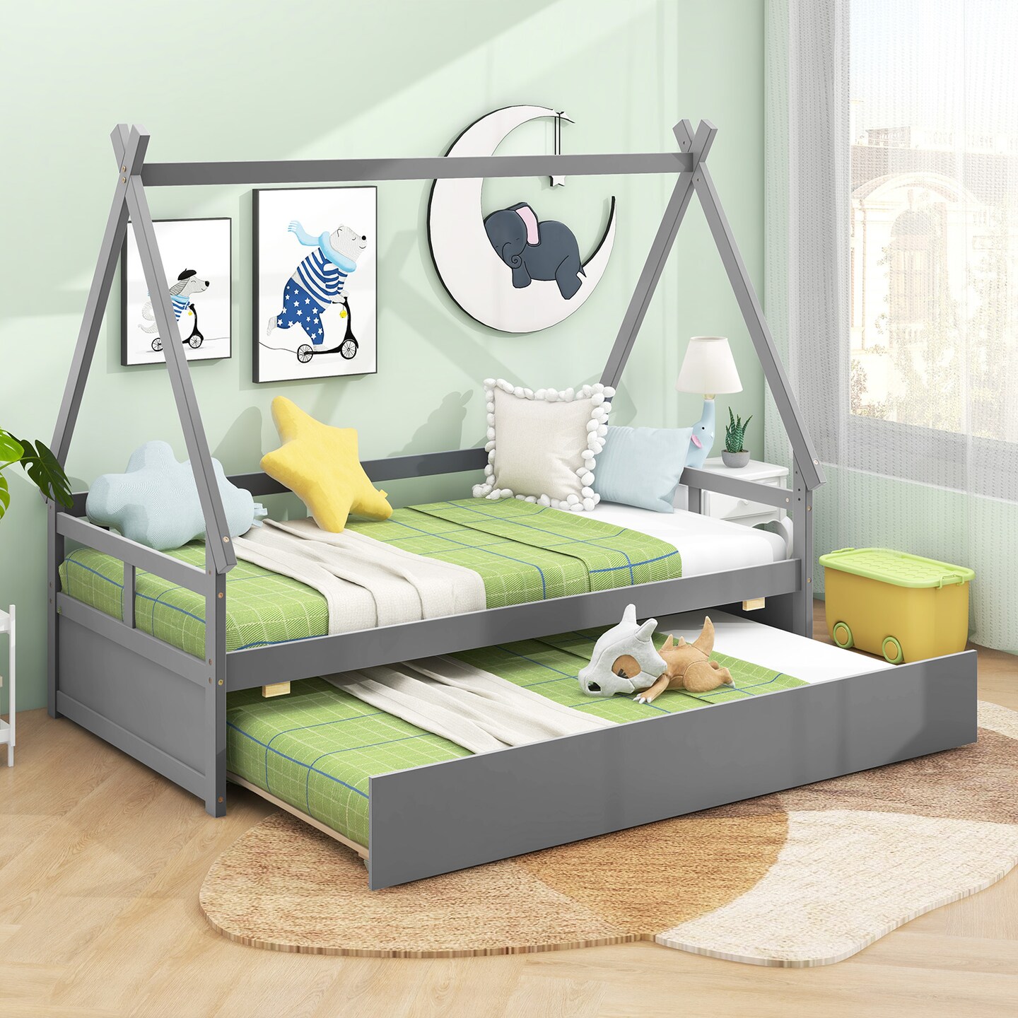 Twin Size House Frame Bed with Trundle, Wooden Construction and Creative Design