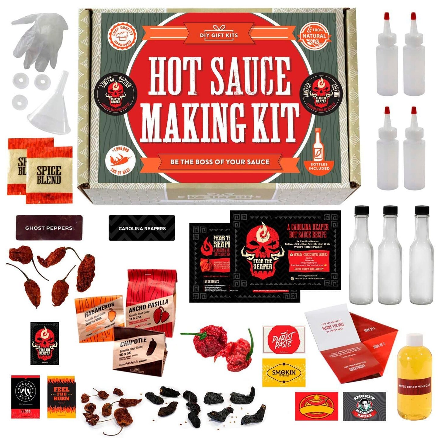 DIY Gift Kits Carolina Reaper Hot Sauce Kit with Instructions, All-Inclusive Set with Ghost Peppers for Making The World&#x27;s Hottest Hot Sauce! With 2,000,000 Scoville Units!