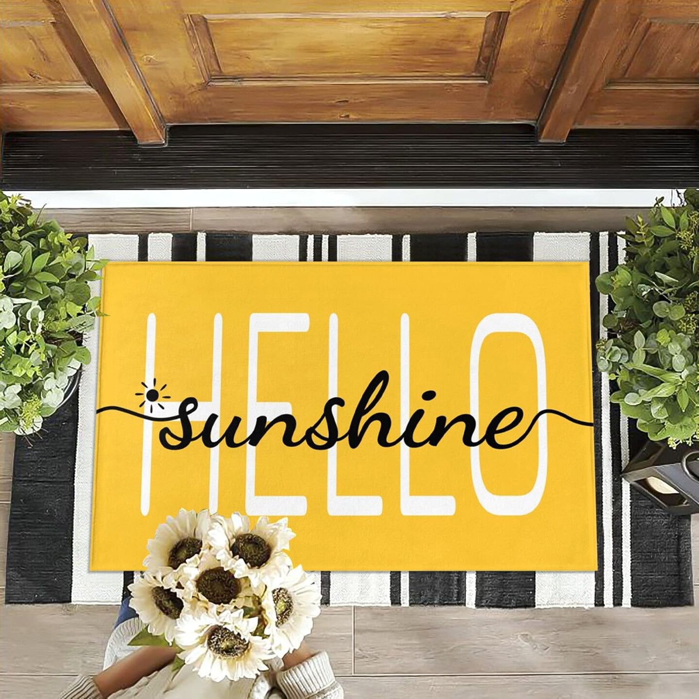 Hello Sunshine Door Mat Summer Doormat 17 X 29 Inch Yellow Doormat Decorative Entrance Mat Non-Slip Rubber Backing Floor Mat Washable Seasonal Welcome Rugs for Indoor Outdoor