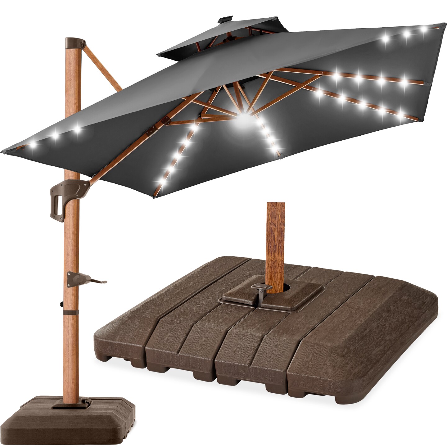 Best Choice Products 10ft Square Woodgrain Pattern 2-Tier Outdoor Solar LED Cantilever Umbrella w/ Base