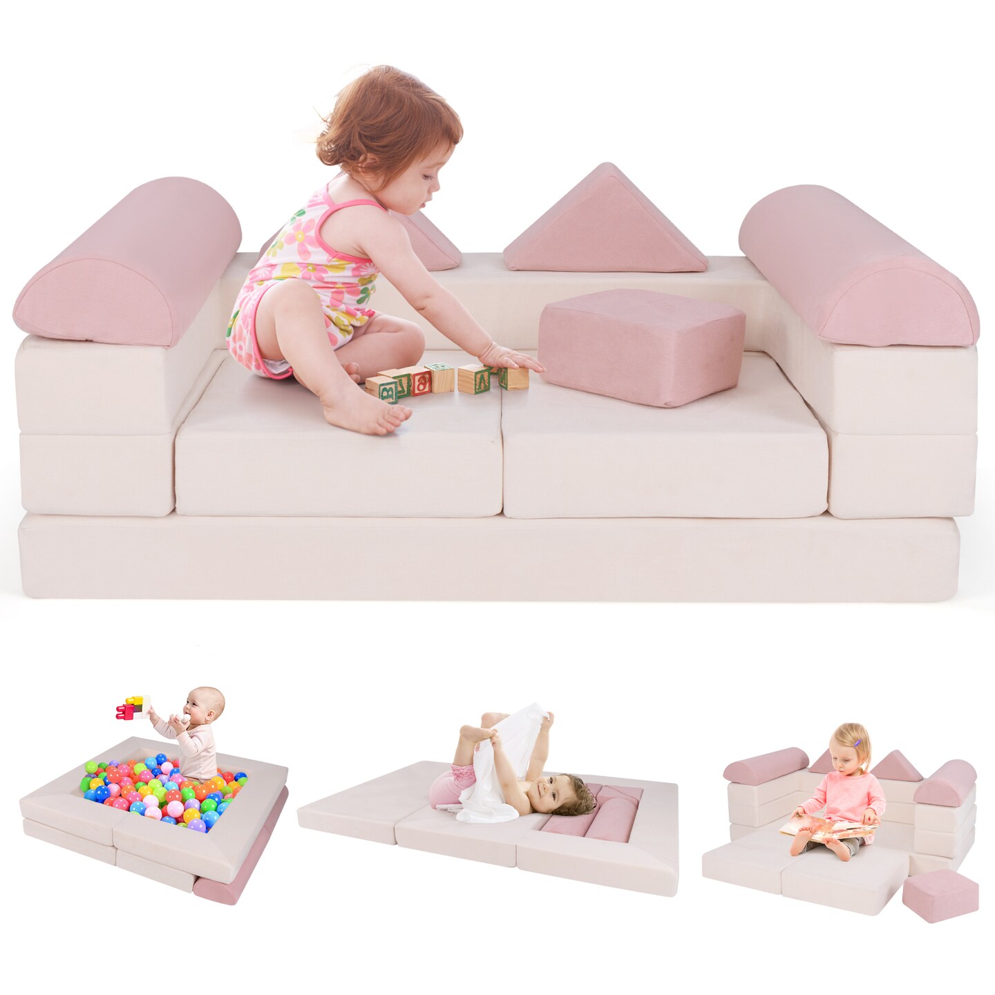 Suede Fabric Convertible Kids Play Couch Set with Foam Blocks and Cushions