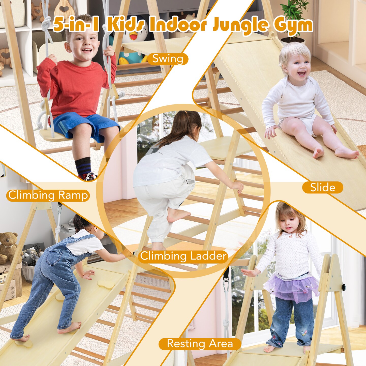 Natural Wood 5-in-1 Jungle Gym with Swing, Slide, Climbing Ramp and Foldable Design