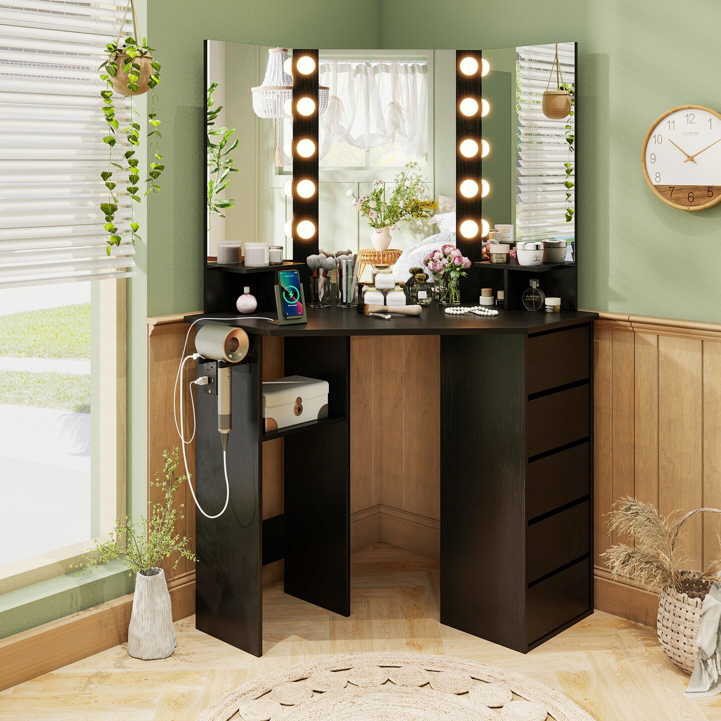 Corner Vanity Desk with 3-Panel Mirror, LED Lights, Charging Ports and Storage