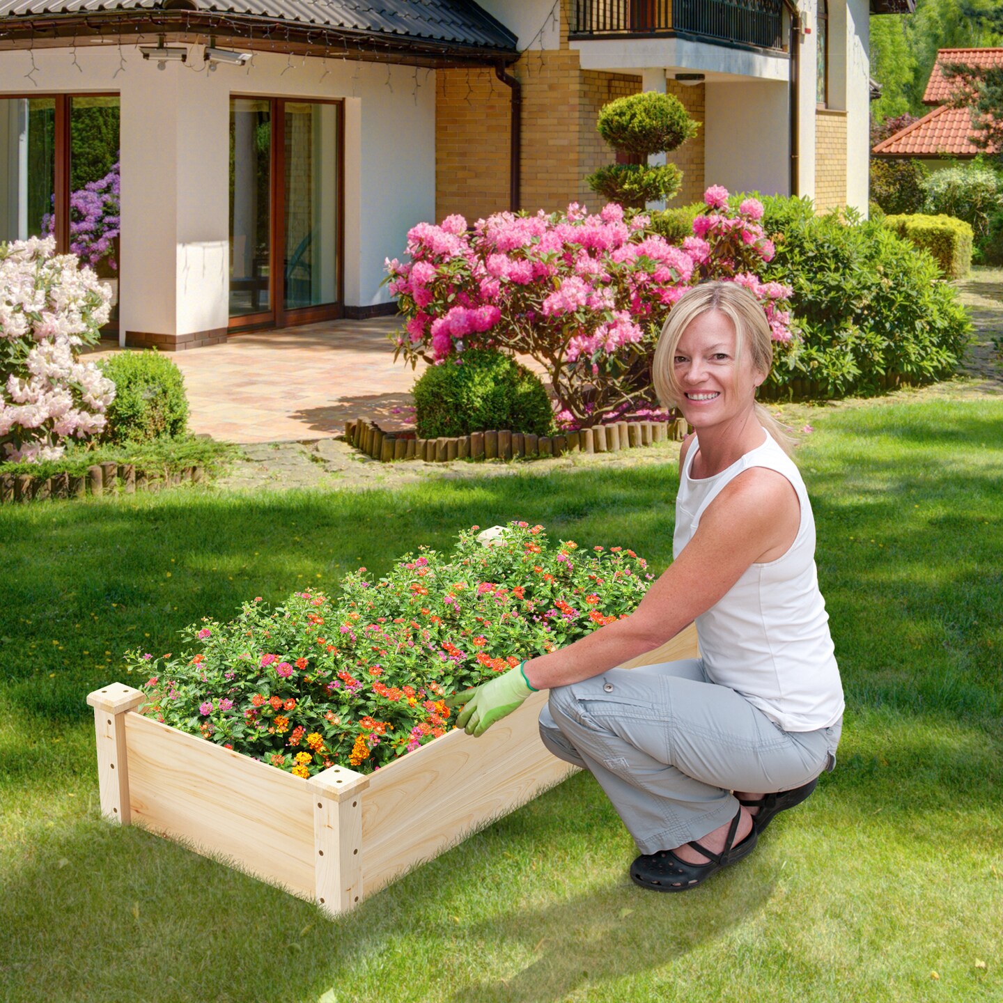Natural Fir Wood Garden Planter Bed with Open Bottom and Large Growing Space
