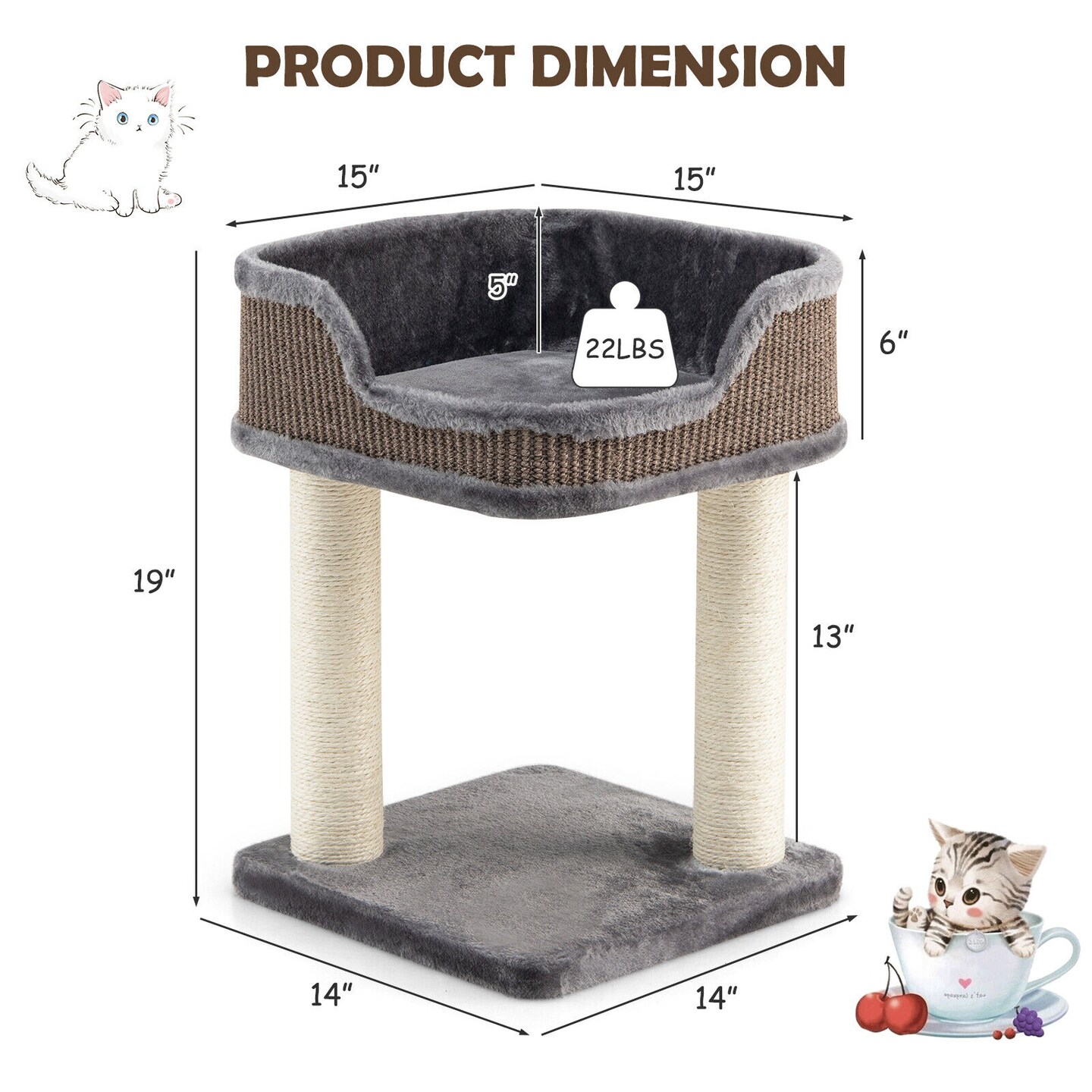 Grey Kitten Climbing Tree with Sisal Posts and Large Plush Perch Ideal for Indoor Cats