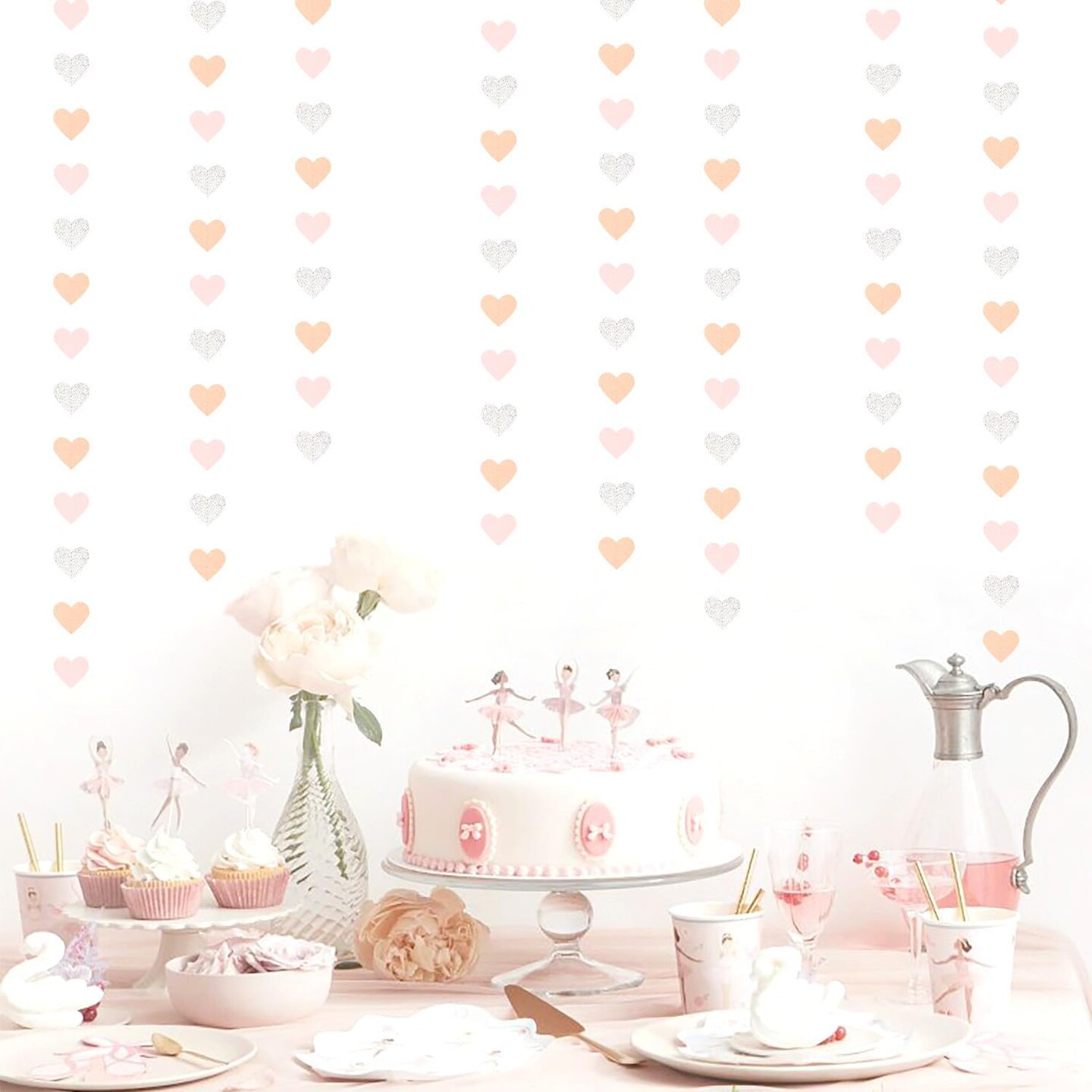 Pink-Silver Peach Birthday Party-Decorations Streamers - 52FT Hanging Heart Garland Banner,Baby Bridal Shower Engagement Anniversary Bachelorette Wedding Backdrop Decor