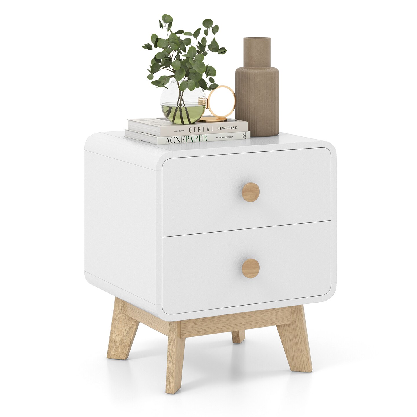 MDF and Rubber Wood Nightstand with 2 Drawers and Mid-Century Modern Design