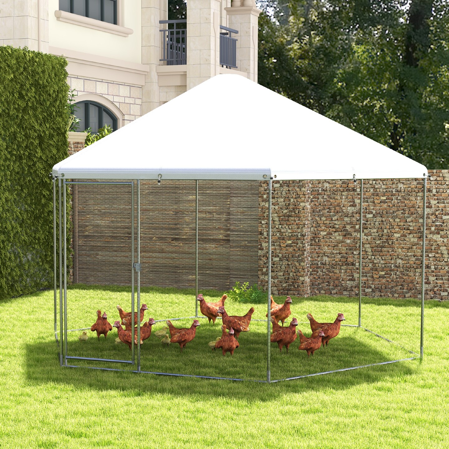 Silver Large Metal Hexagonal Chicken Coop with 210D Oxford Fabric and Lockable Door