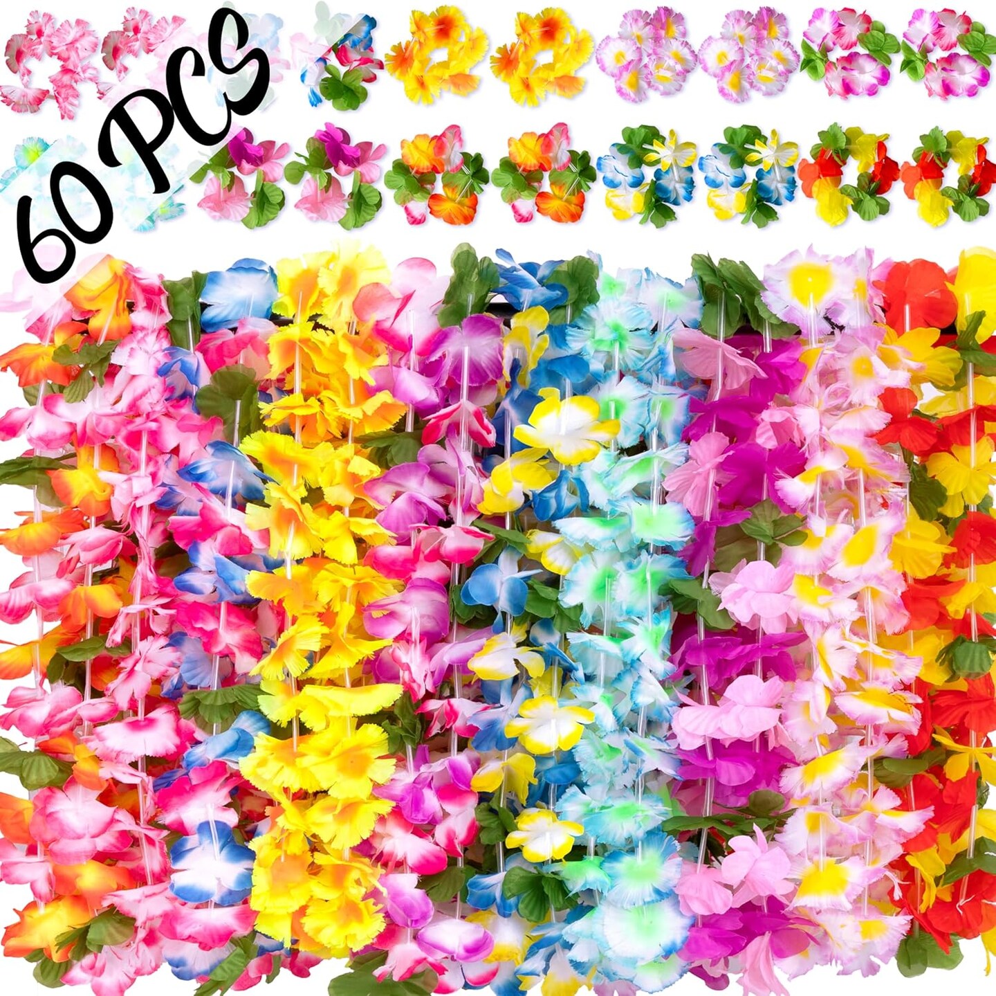 60 Pieces Hawaiian Luau Leis - Tropical Tiki Hibiscus Flowers for Summer Pool Party Favors Supplies Decorations (10 Styles)