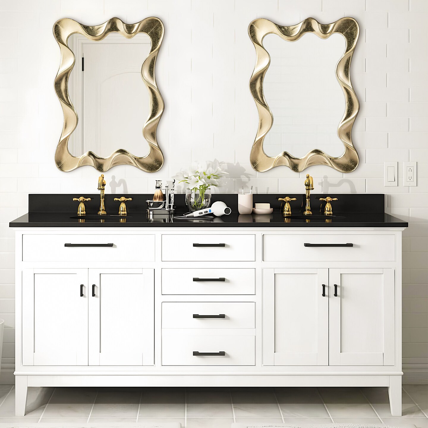 Set of 2 34.25"H Modern Gold Foil Metal Frame Wavy Wall Mirror