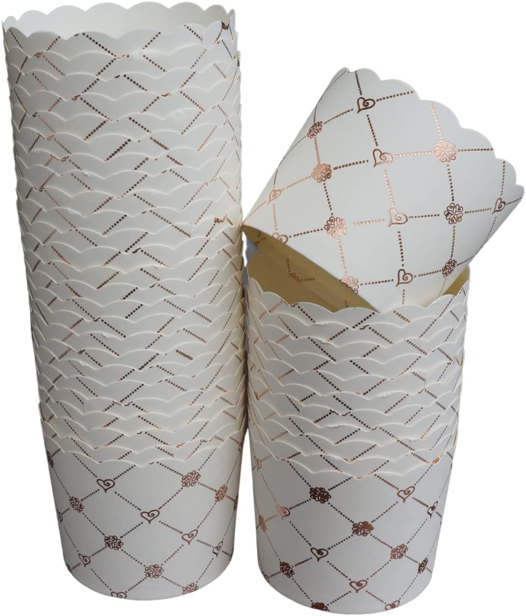 50-Pack Paper Baking Cups, Greaseproof Disposable Cupcake Muffin Liners (Large, Rose Gold Grid)