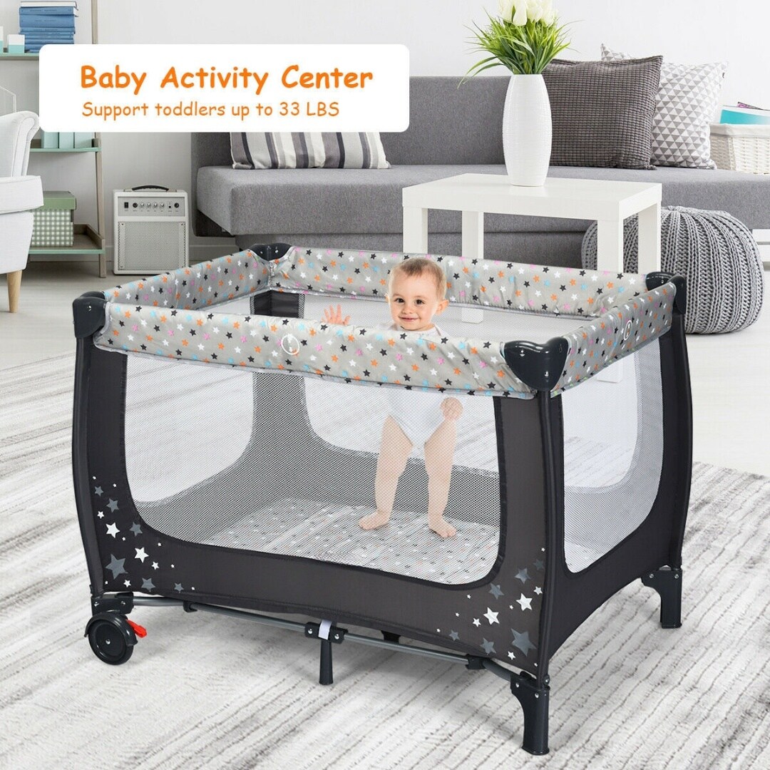 Foldable and Portable Baby Playpen with Mattress and Two Universal Wheels