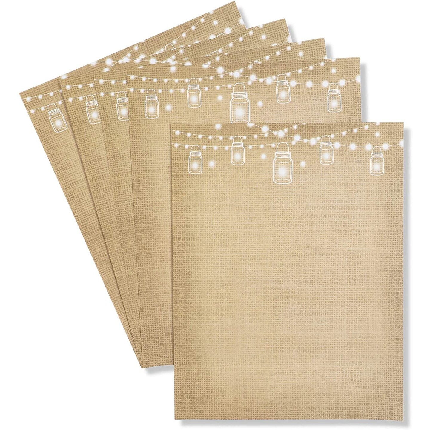Pipilo Press Letterhead Paper 8.5 x 11 - Brown, 100 Sheets, Mason Jar & String Light Rustic Design - Scrapbook Paper for Letter Writing Stationery Set