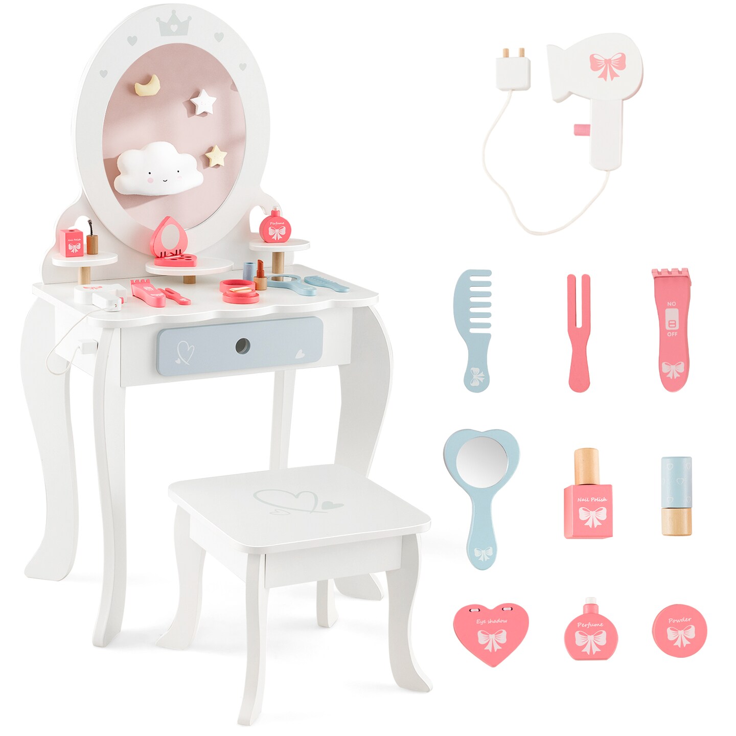 White MDF Kids Vanity Set with Removable Mirror, Storage, Stool, and Accessories