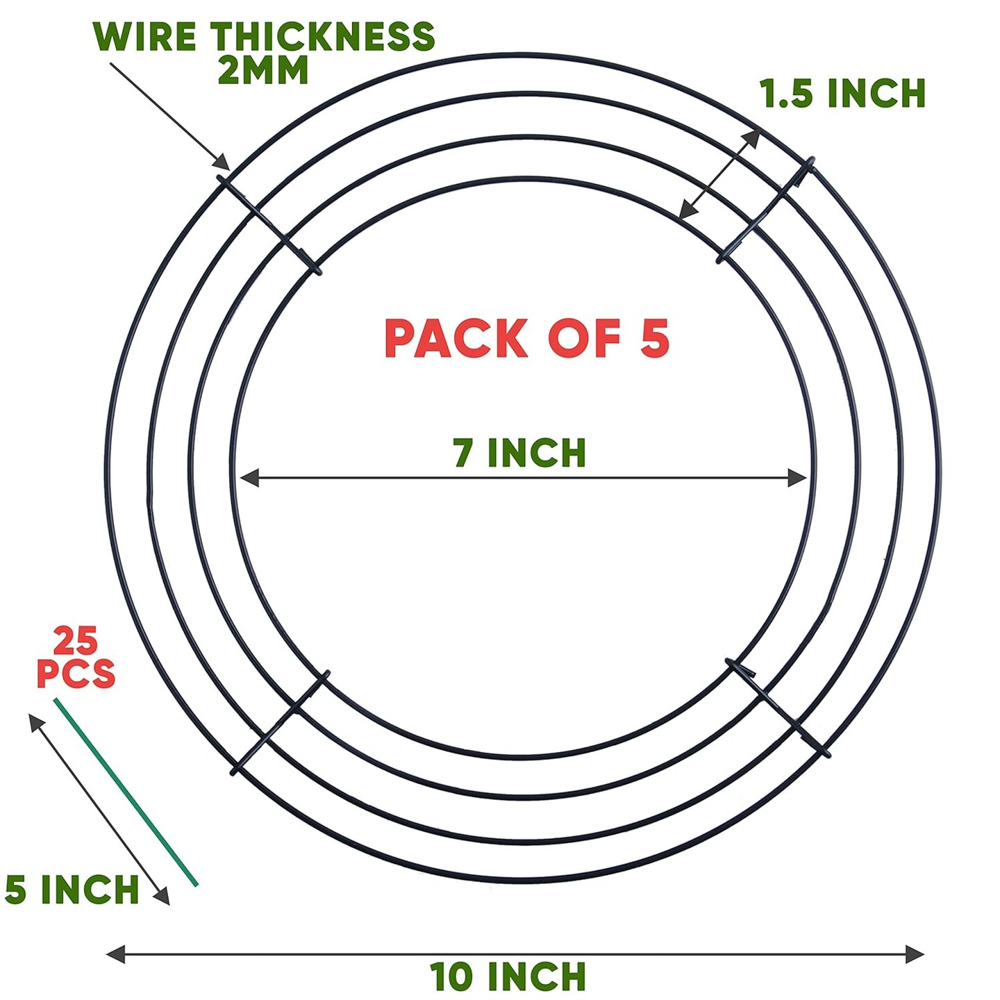 Pack of 5 Wire Wreath Frame (10 Inch) with 25 Twist Ties – Round Metal Wreath Form for Crafts and Floral Decorations on Weddings Christmas Home Party Celebration, Dark Green