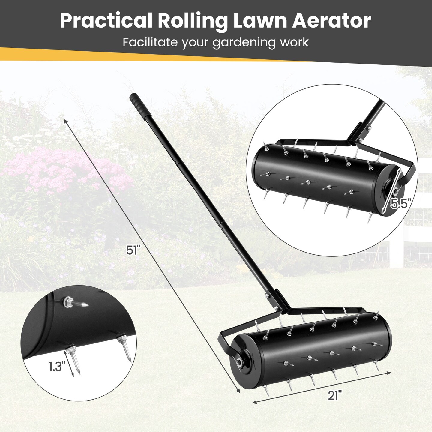 Spike Lawn Aerator with Galvanized Steel Drum, Detachable Handle and Sand Filling