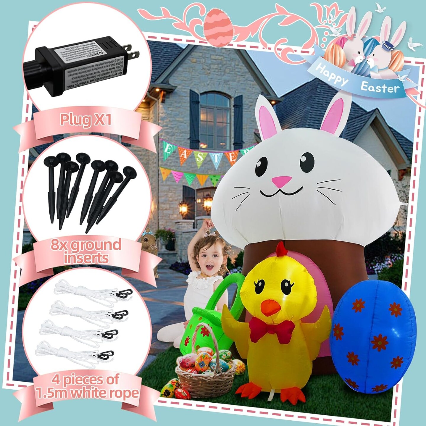 6 FT Easter Inflatable Yard Decorations, Mushroom Rabbit and Colored Egg Chicken Light up Outdoor Decor for Holiday Party Indoor Outdoor Garden Lawn
