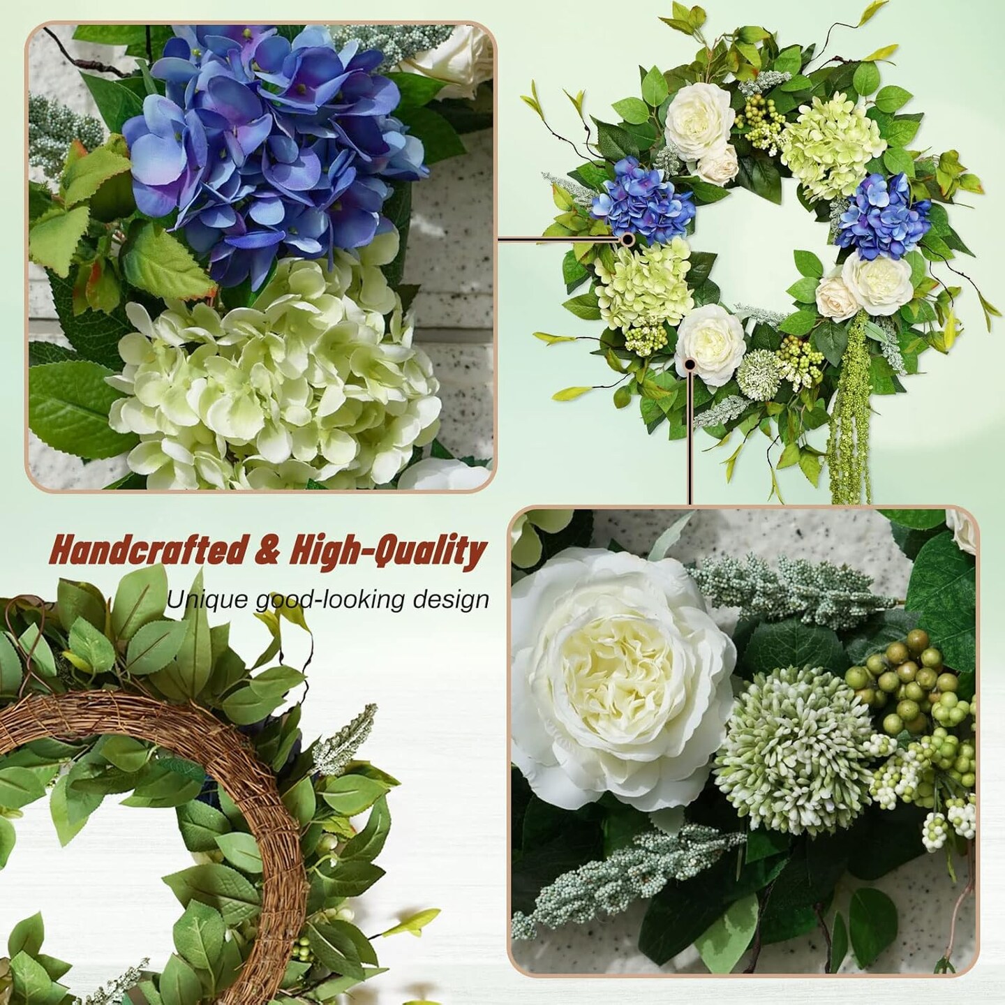 23 Inch Spring Wreaths for Front Door, Blue and Green Hydrangea Flower Door Wreaths Outside, Floral and Seasonal Wreath, Artificial Decor Decorations for Outdoor, Indoors, Valentine