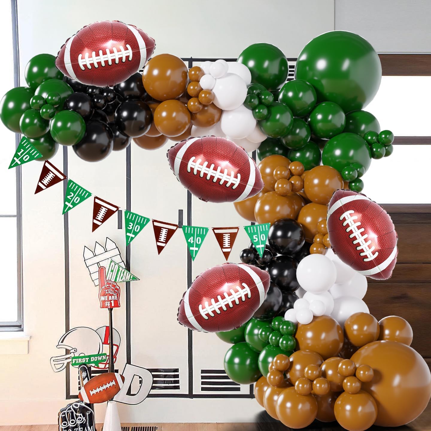 128Pcs Football Party Balloon Arch Garland Kit: Dark Green, Brown, White &#x26; Black Balloons with Football Foil Balloon and Banner for Super Bowl Party, Game Celebrations &#x26; Sports Themed Events