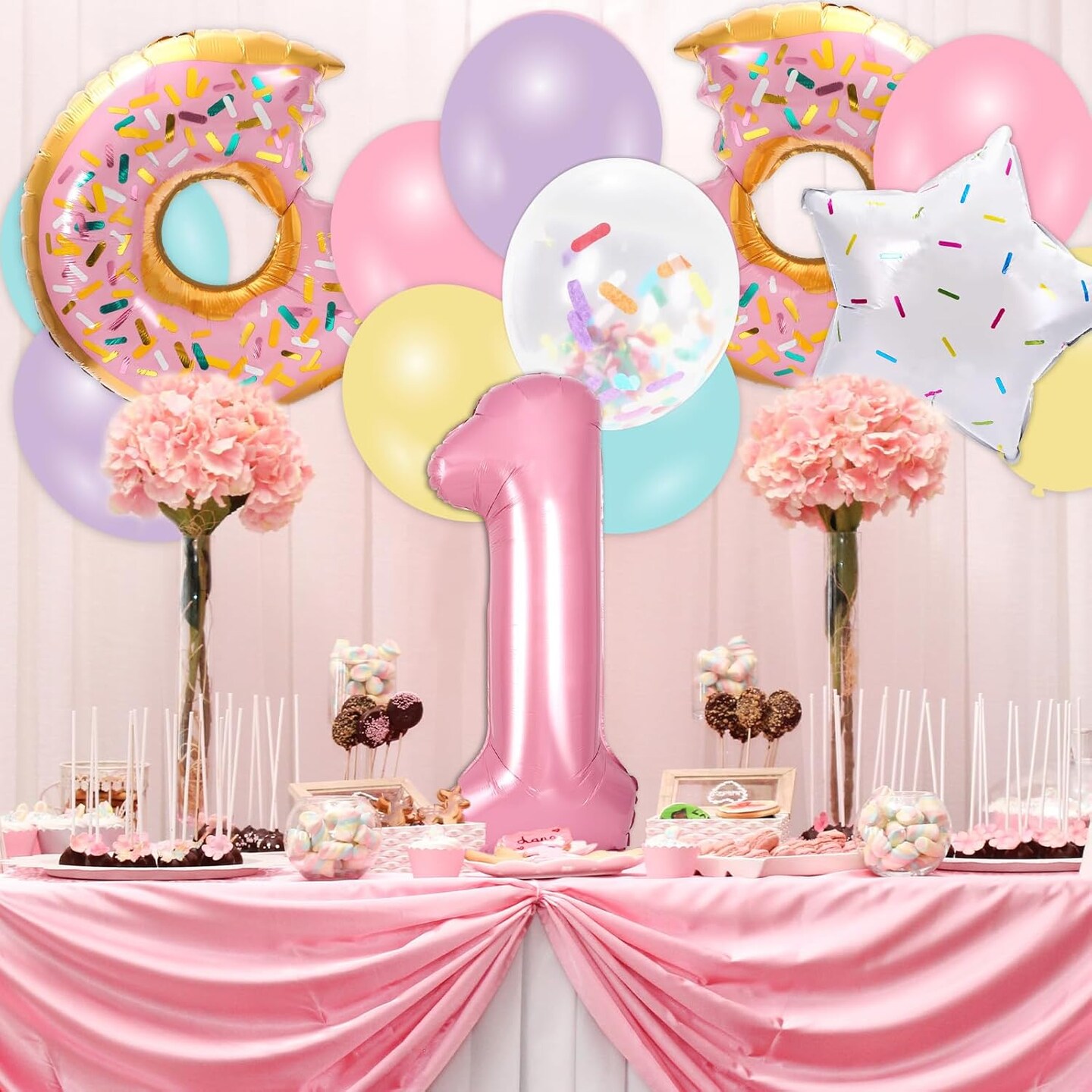 29Pcs Donut First Birthday Party Decorations Colorful Donut Balloons Confetti Star Balloons Number 1 Balloon for Sweet One Donut Birthday Decoration Supplies