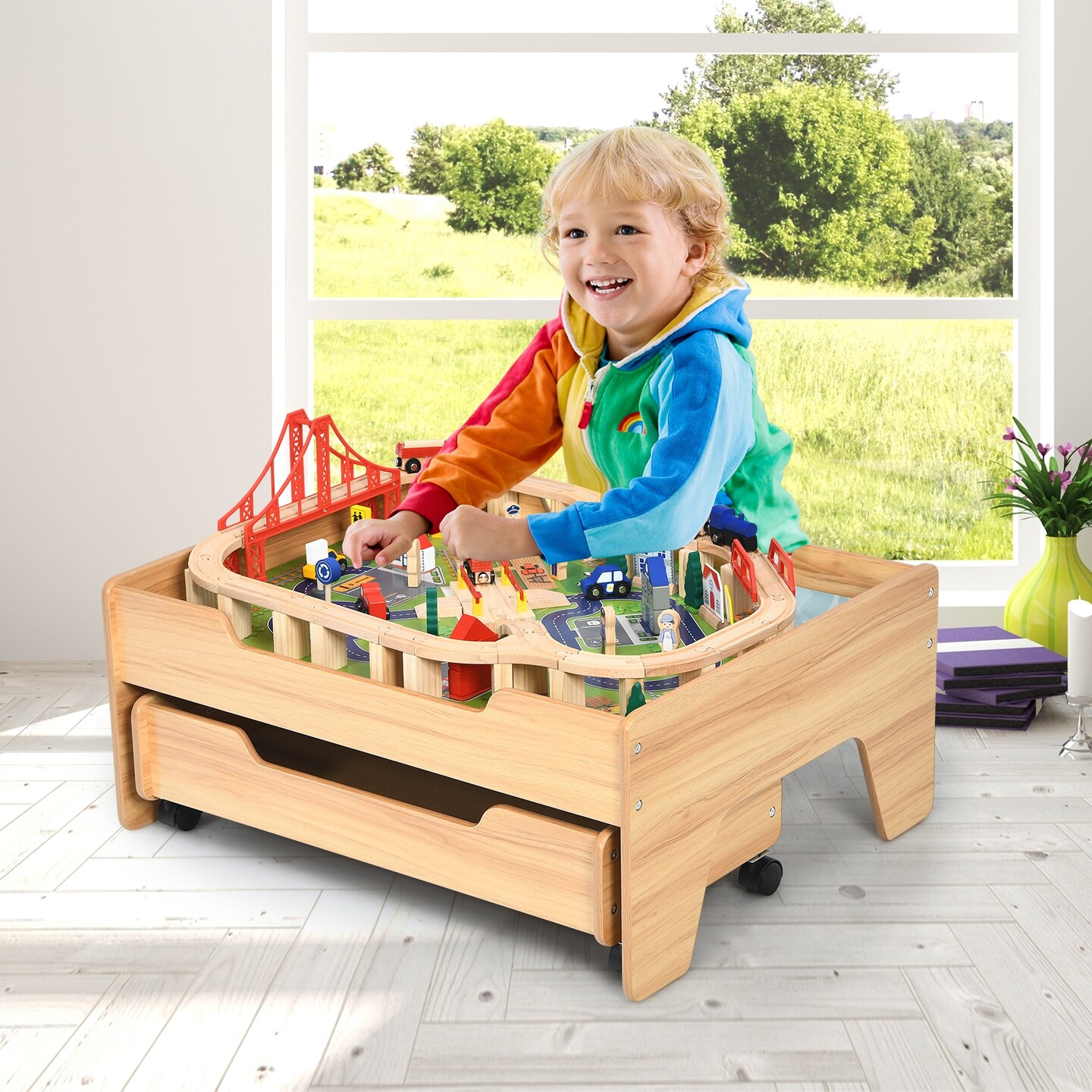 Natural MDF and Wood Train Table with Storage Drawer and 100-Piece Set