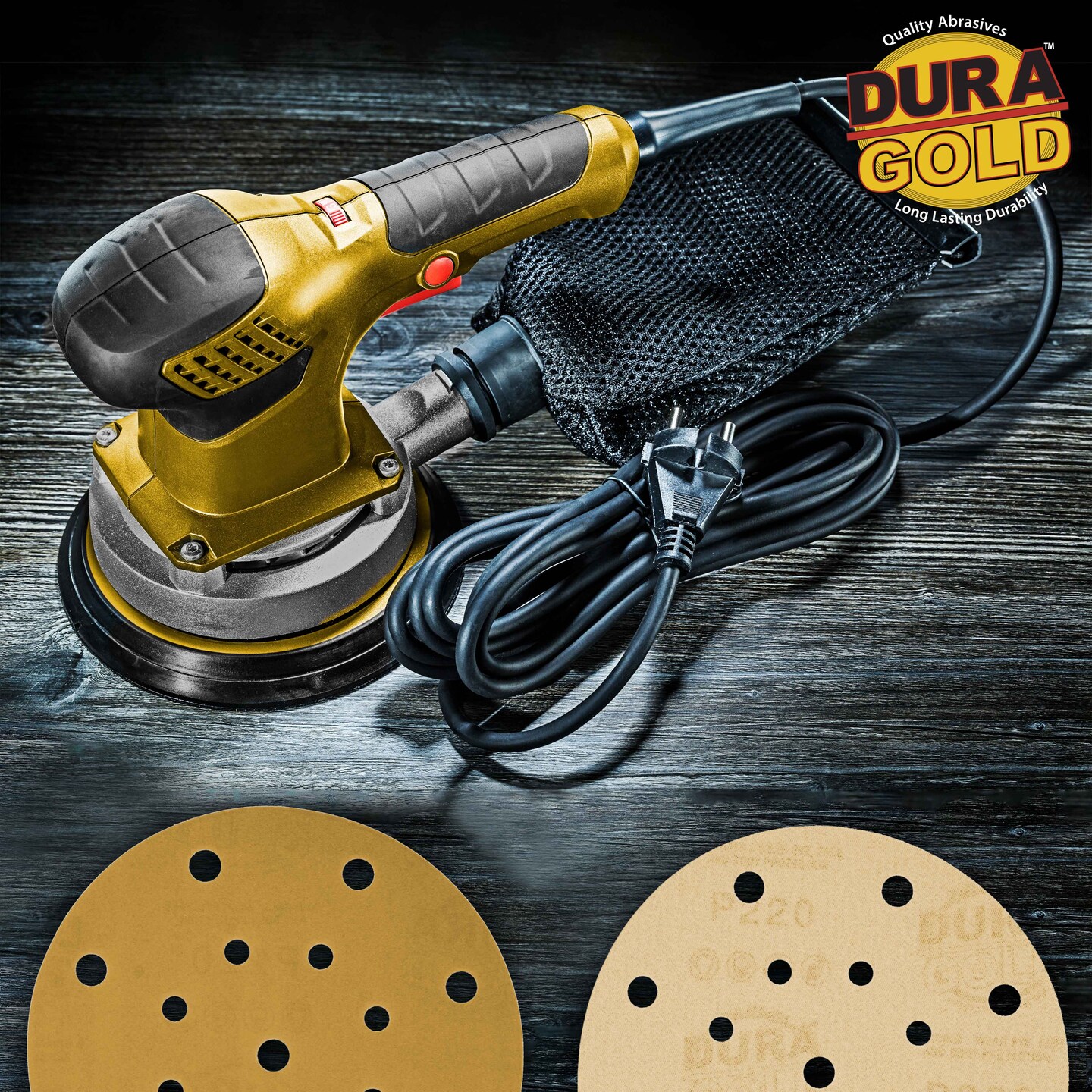 220 Grit - 6&#x22; Gold Sanding Discs - 17-Hole Pattern Hook and Loop for DA Sander - Box of 50