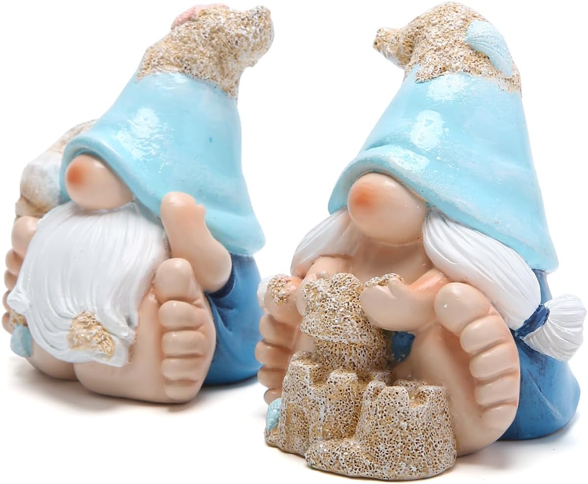Summer Garden Gnomes Decorations 2pcs Beach Ocean Topics Figurines Conch Beach Castle Cute Bigfoot Gnome Nisse Scandinavian Dwarf Elf Indoor Home Decor