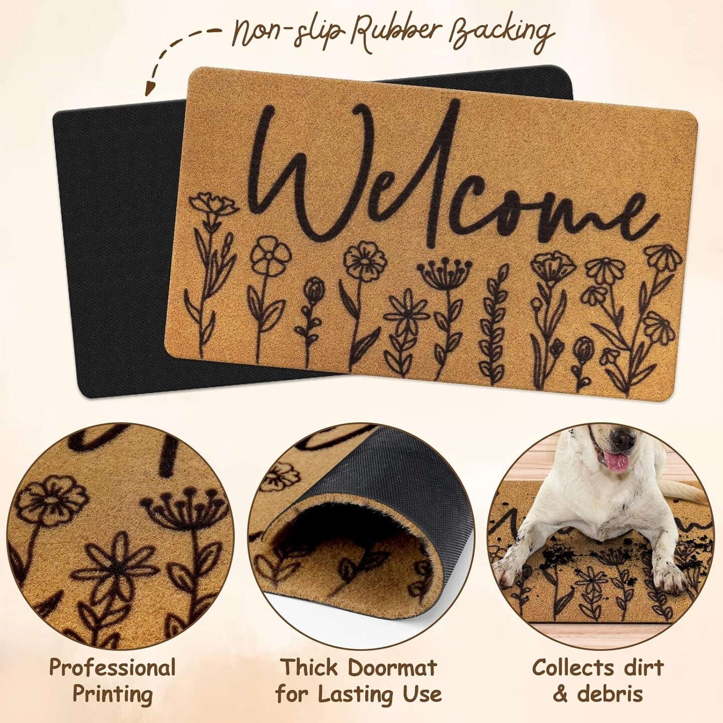 Wildflower Welcome Door Mat, Flower Coir Doormat Spring Boho Decor with Non-Slip Backing Indoor Outdoor Home Entrance Floor Funny Porch Rug Housewarming Gift 29.5&#xD7;17 Inches