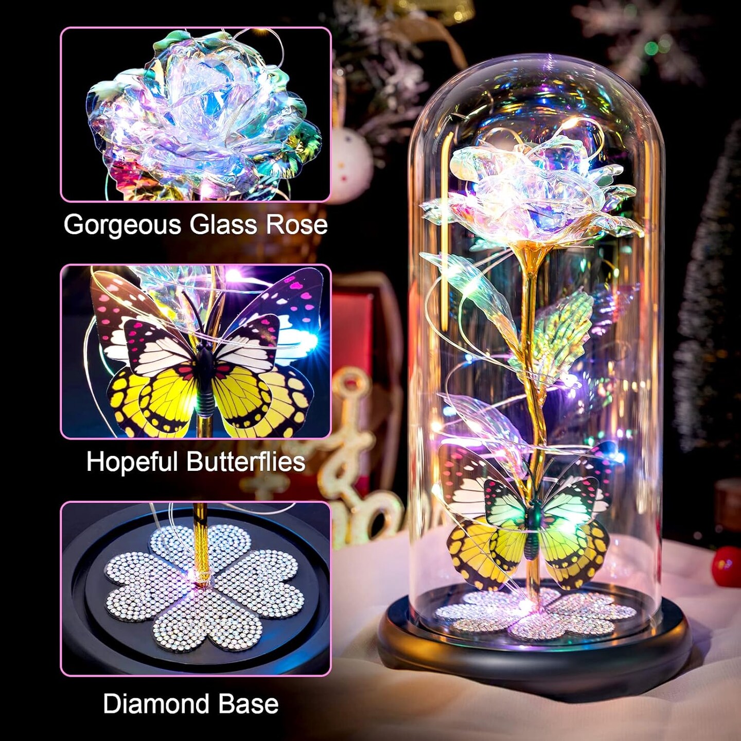 Galaxy Glass Rose in Dome – Eternal Crystal Rose with Butterfly, Valentine’s, Birthday & Mother’s Day Gift for Her