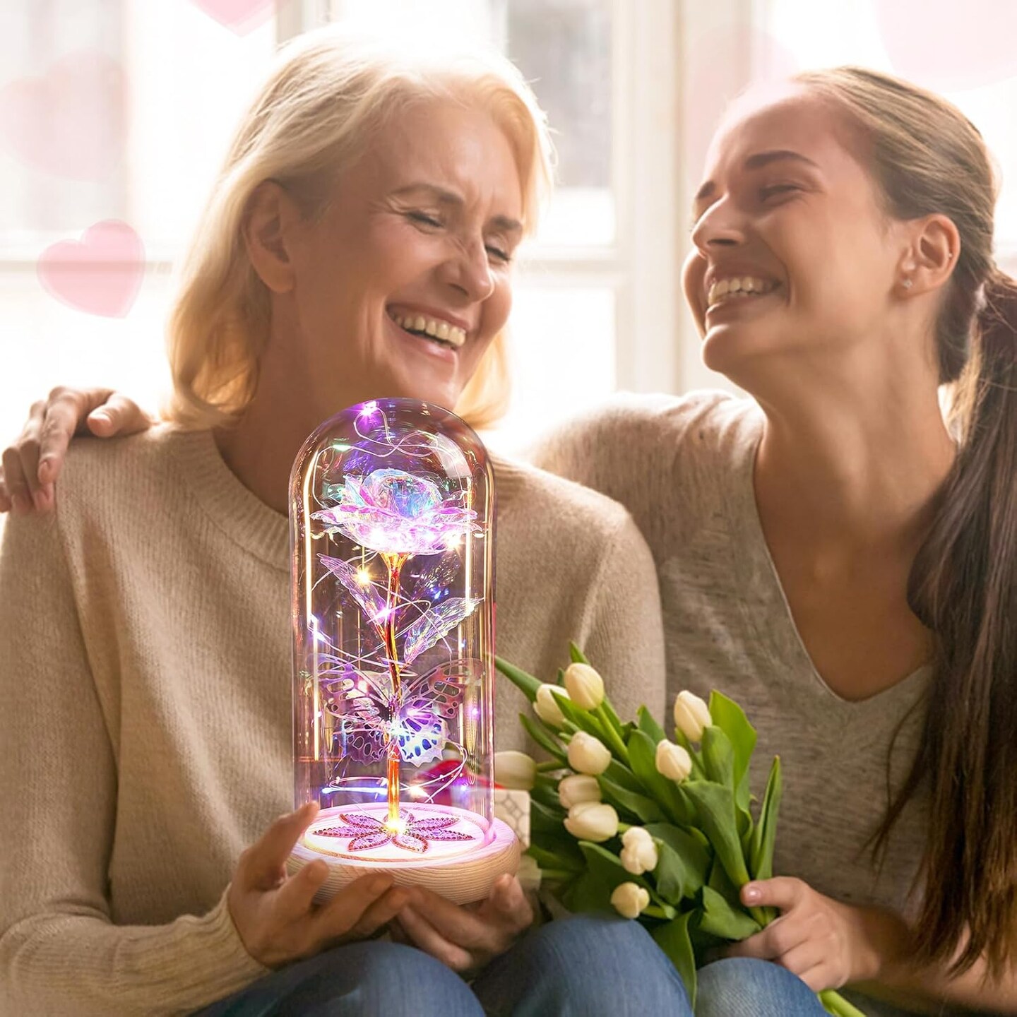 Gifts for Women Mom Birthday Gifts Galaxy Glass Rose Forever Preserved Flowers for Delivery Prime Artificial Eternal Rose in Glass Dome Mothers Day Moms Gift for Grandma Wife Daughter, Rainbow