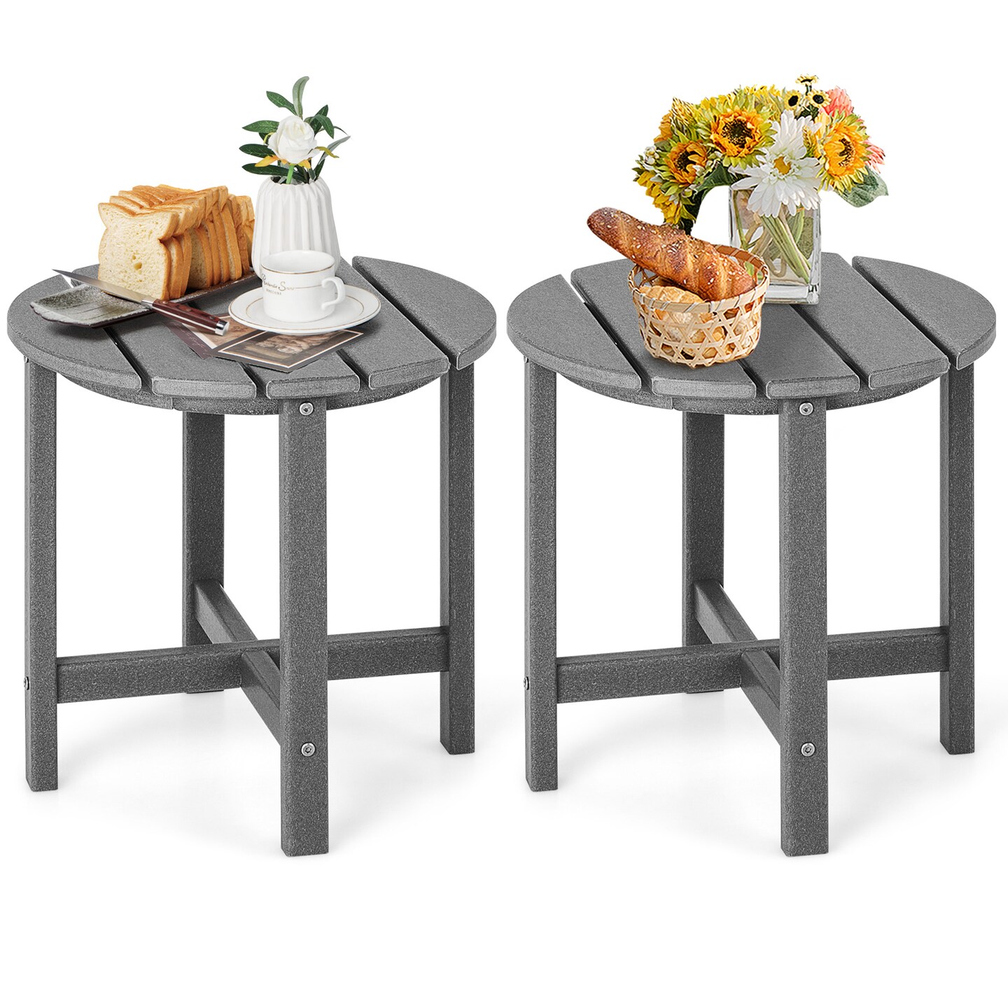 18 Inch Set of 2 Round Outdoor Adirondack Side Tables with Slatted Design and X-Shaped Structure