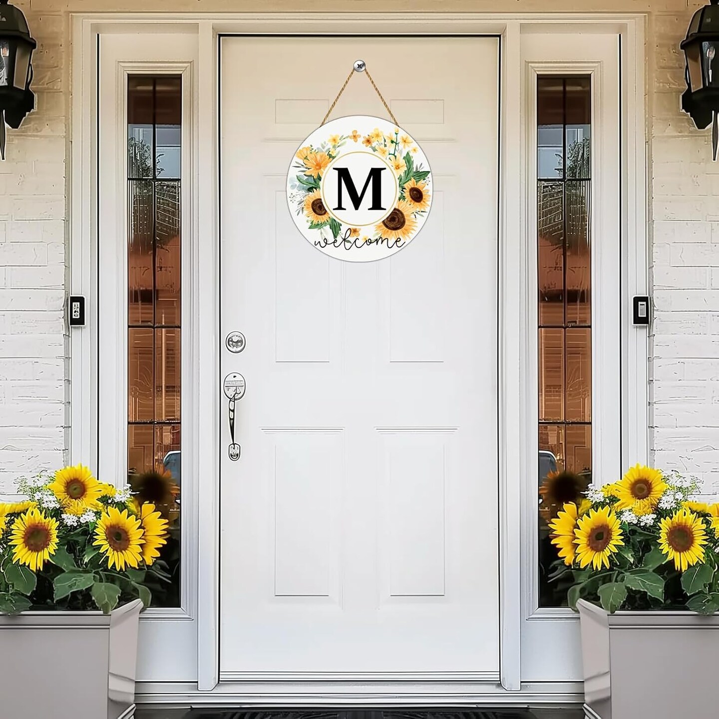 Sunflower Decor Monogram Letter M Wreaths for Front Door Wreath Wooden Welcome Sign for Front Door Decor Floral Last Name Initial House Warming Summer Porch Rustic Wall Home Kitchen Decorations