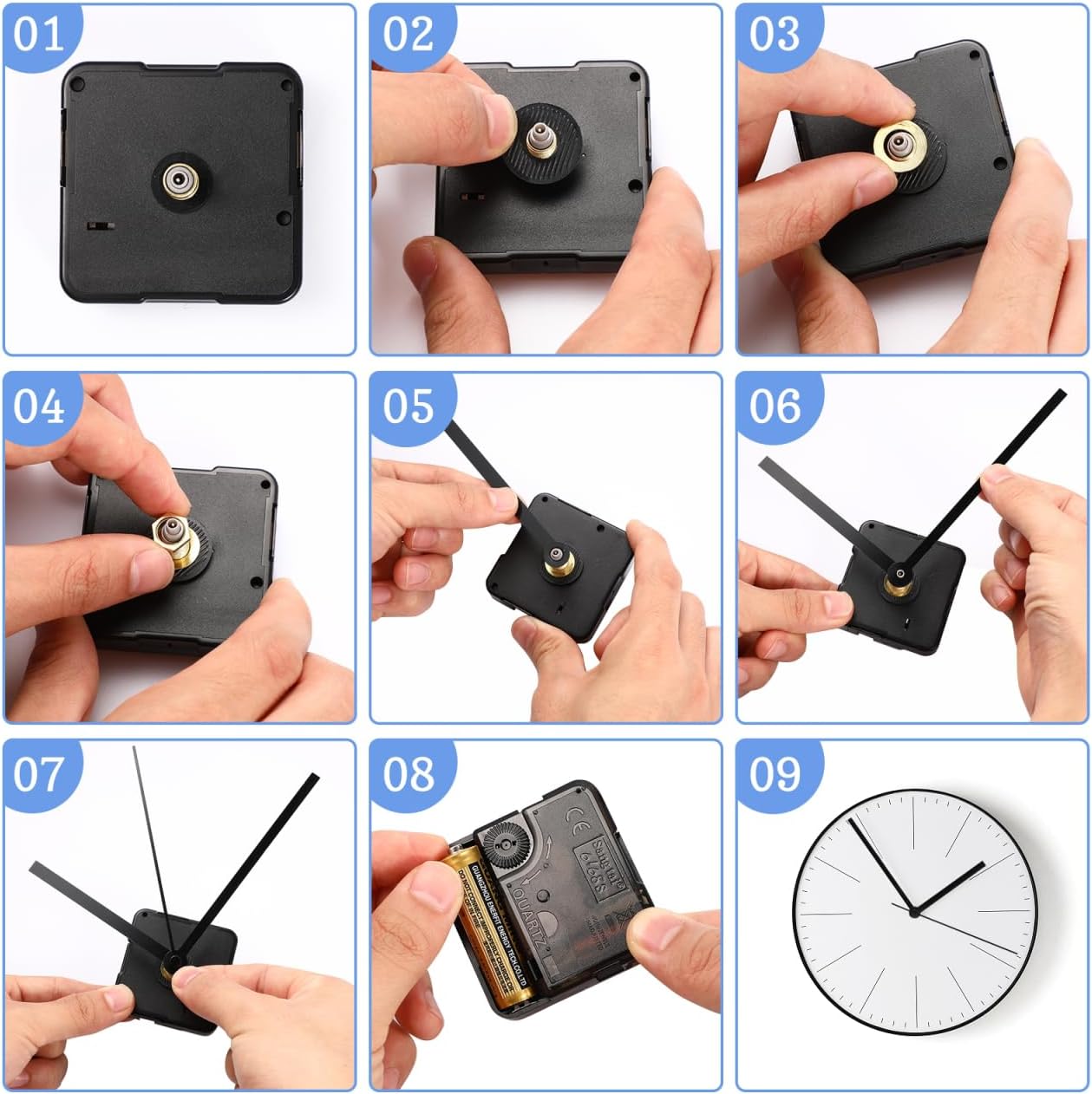 8Pcs Quartz Clock Mechanism Kit – Non-Ticking Silent Movement, 8 Hands Set for DIY Repair (13mm + 18mm).