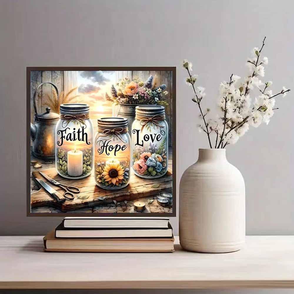 5D Diamond Painting Kits for Beginner,Faith,Hope,Love Wishing Bottle Diamond Art kit for Adults,DIY Diamond Dots with Diamond Gem Art and Crafts for Adults Home Wall Decor 11.8x11.8inch