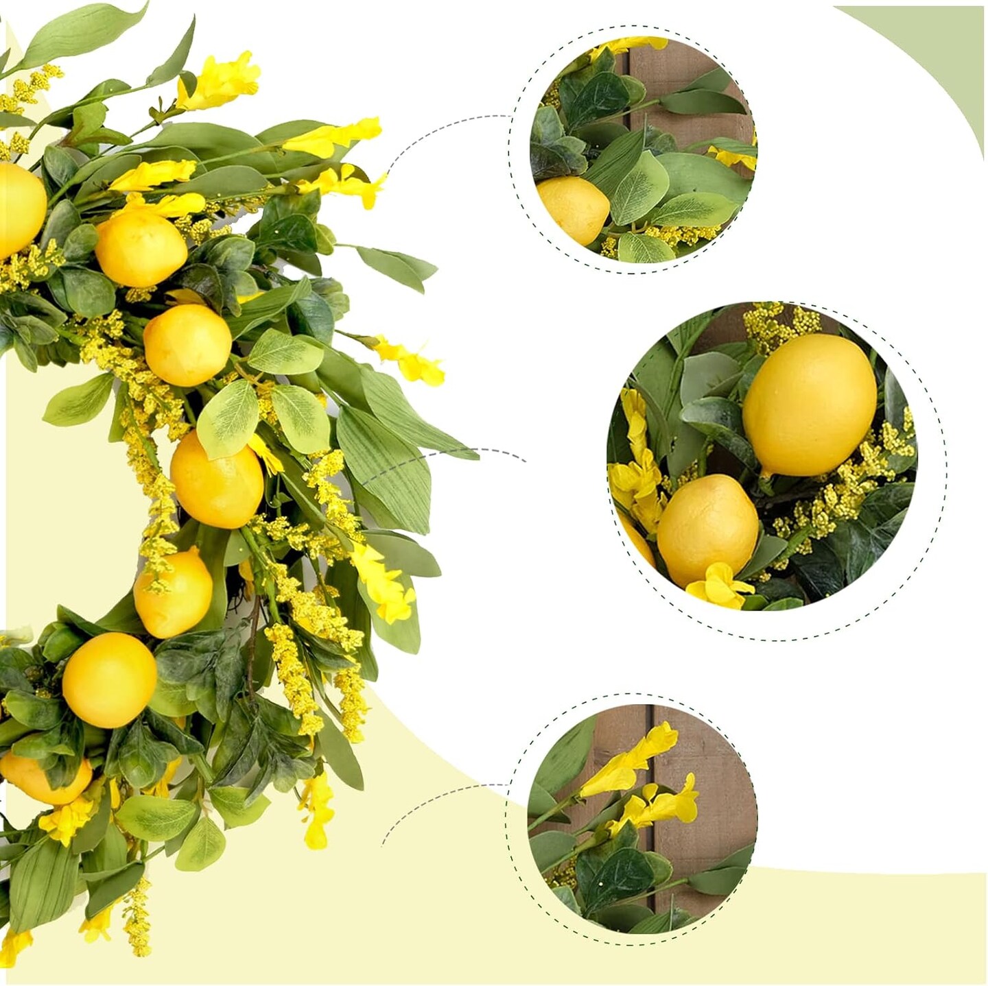 20 inch Artificial Lemon Wreath Spring Fruit Wreath with Yellow Lemon and Artificial Green Leaves for Front Door, Window and Wall Hanging Decorations, Holiday Decorations