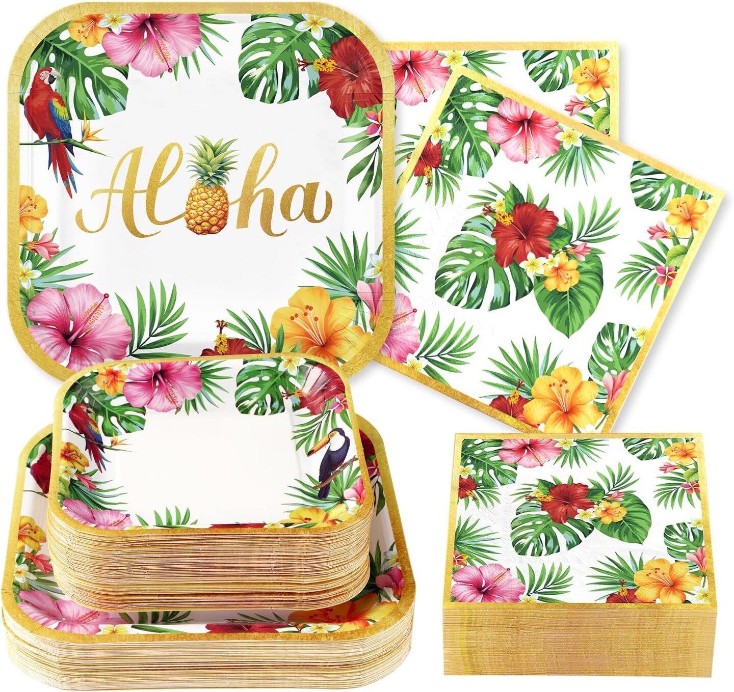 200Pcs Hawaiian Luau Party Decorations Aloha Tropical Hibiscus Floral Luau Plates and Napkins Palm Leaf Tableware Sets for Summer
