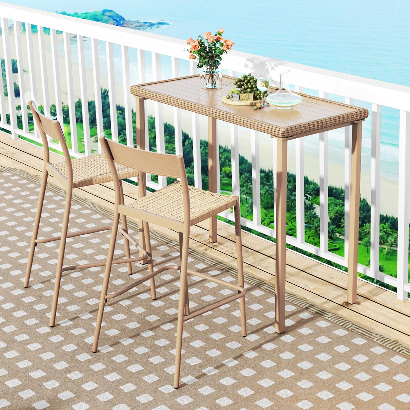 Light Brown Metal and PE Rattan Bar Table with Spacious Top and Sturdy Frame