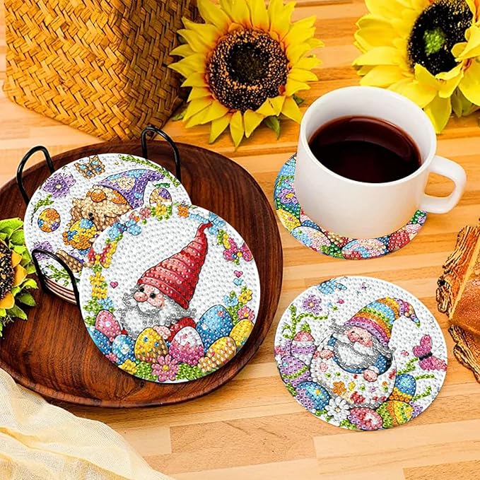 8 PCS Diamond Art Coasters Kit, Diamond Painting Coasters with Holder, Fall Diamond Art Kits for Adults Beginners, Arts and Crafts Supplies Party Item Sets The Easter Gnome