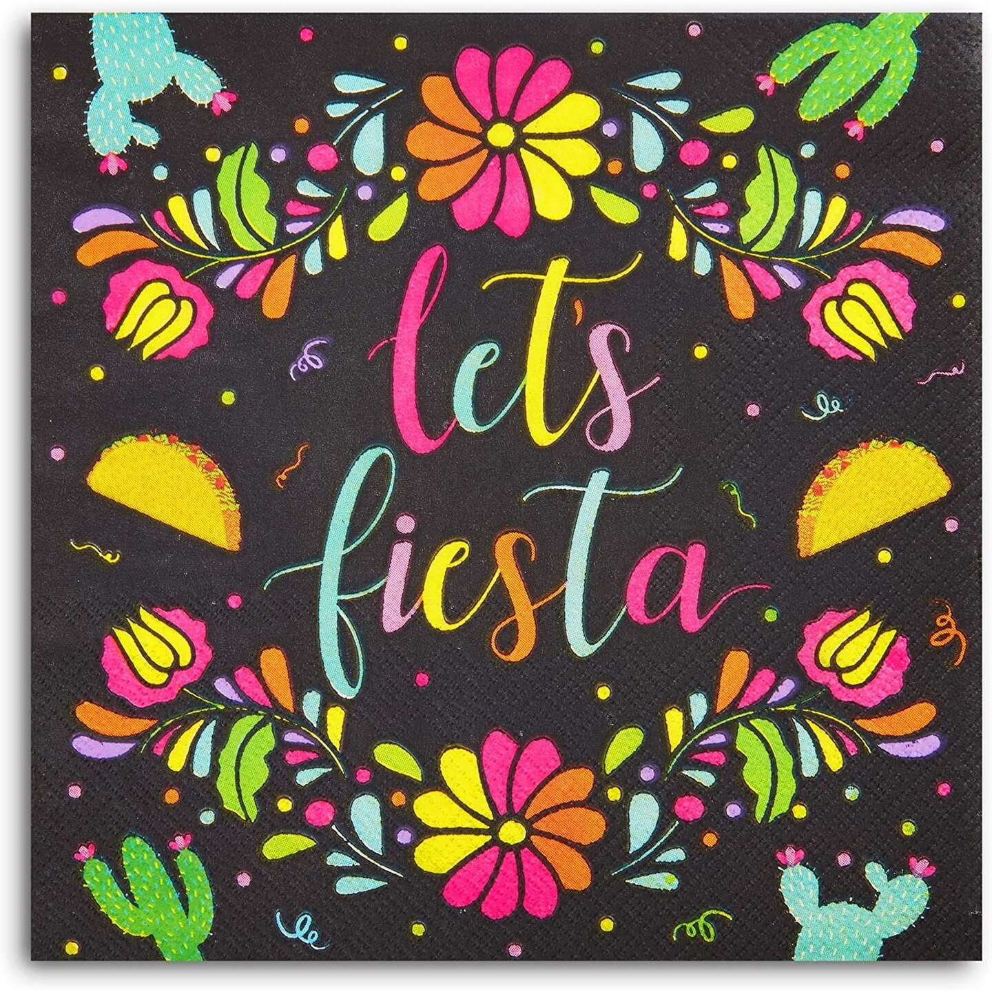 100 Pack Let's Fiesta Party Napkins for Kids Birthday, Cinco de Mayo Decorations (Black, 6.5 In)