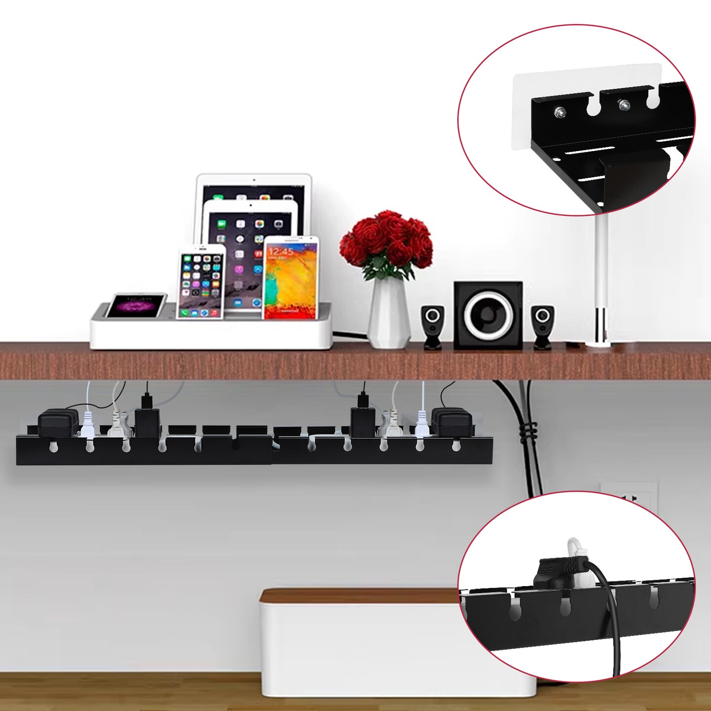 2-Pack Extendable Cord Organizer Tray &#x2013; No Drill Under Desk Cable Management, Adjustable 14.1&#x22;-25.6&#x22; Metal Tray for Power Strips &#x26; Adapters