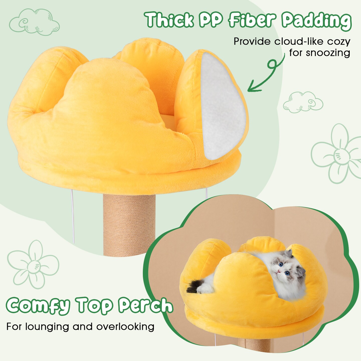 Multi-Color Plush Cat Tree with Scratching Posts and Fruit-Themed Perches