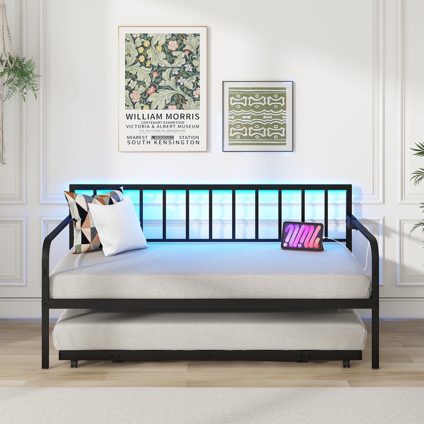 Black Metal Daybed with Pop-up Trundle, LED Lighting, Charging Station and USB Ports